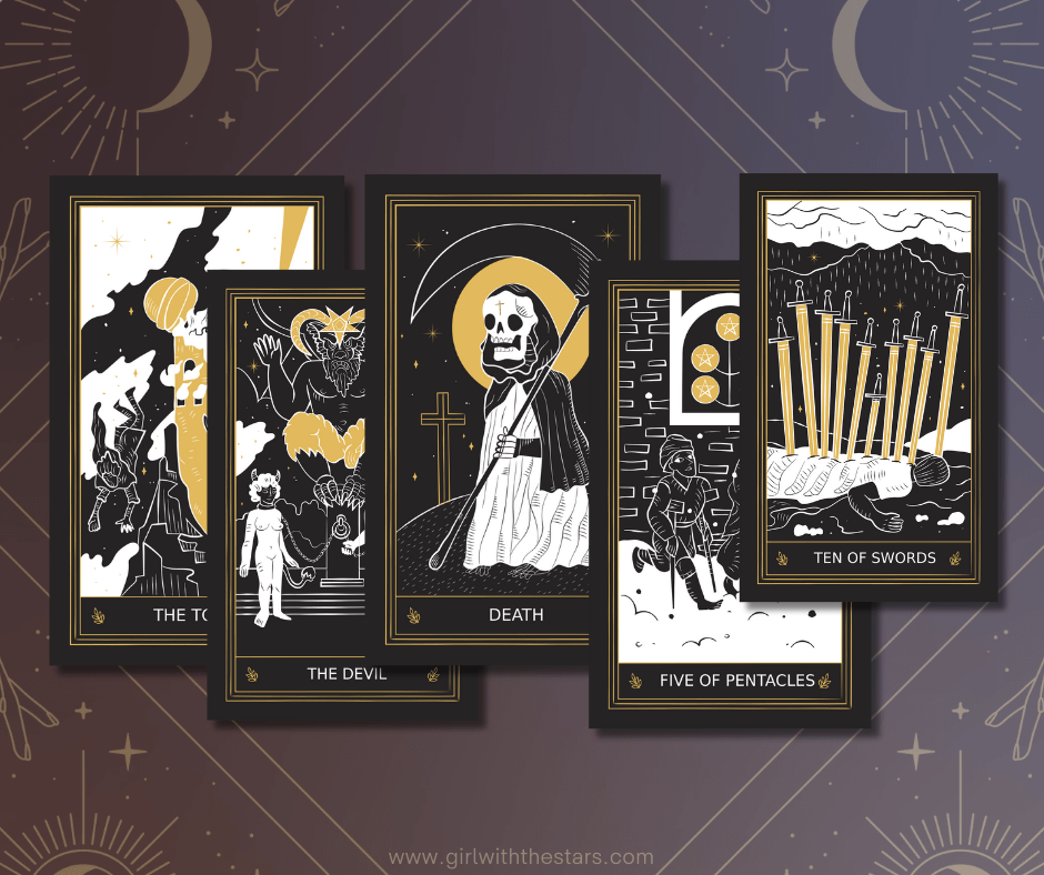illustrations of tower, devil, death, five pentacles, ten swords tarot cards