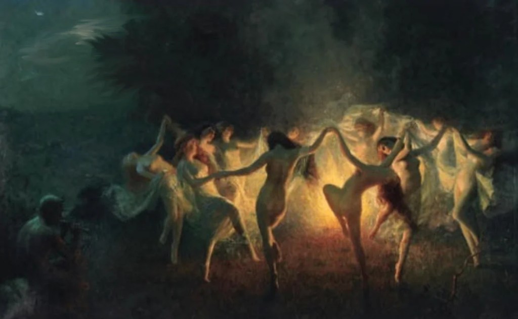 painting of nude witches dancing around fire pan playing flute
