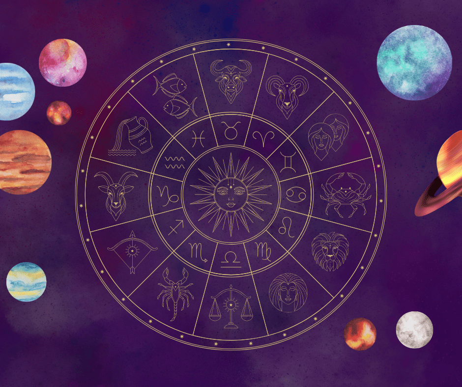 9 planets surrounding a birth chart in the center