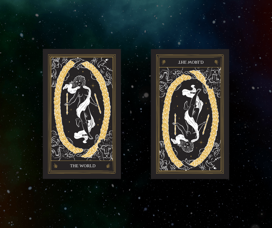 illustration of the world tarot card upright and world tarot card reversed
